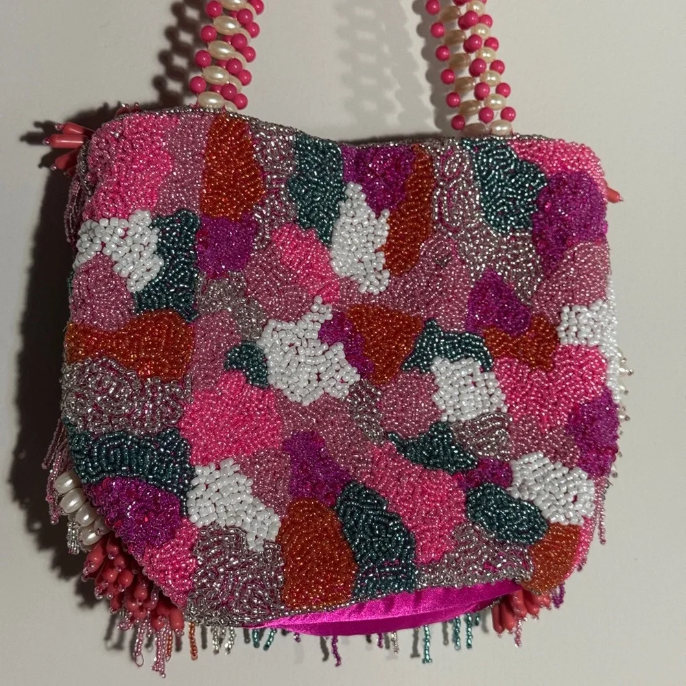 T.J.Maxx Beaded Fringe Shoulder Bag - Pink, Purple, Teal, Coral, White - Picture 4 of 6